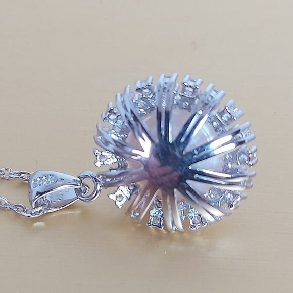 Natural Round Pearl 11mm & Cz 925 Sterling Silver‎ Necklace 18" - Picture 2 of 5